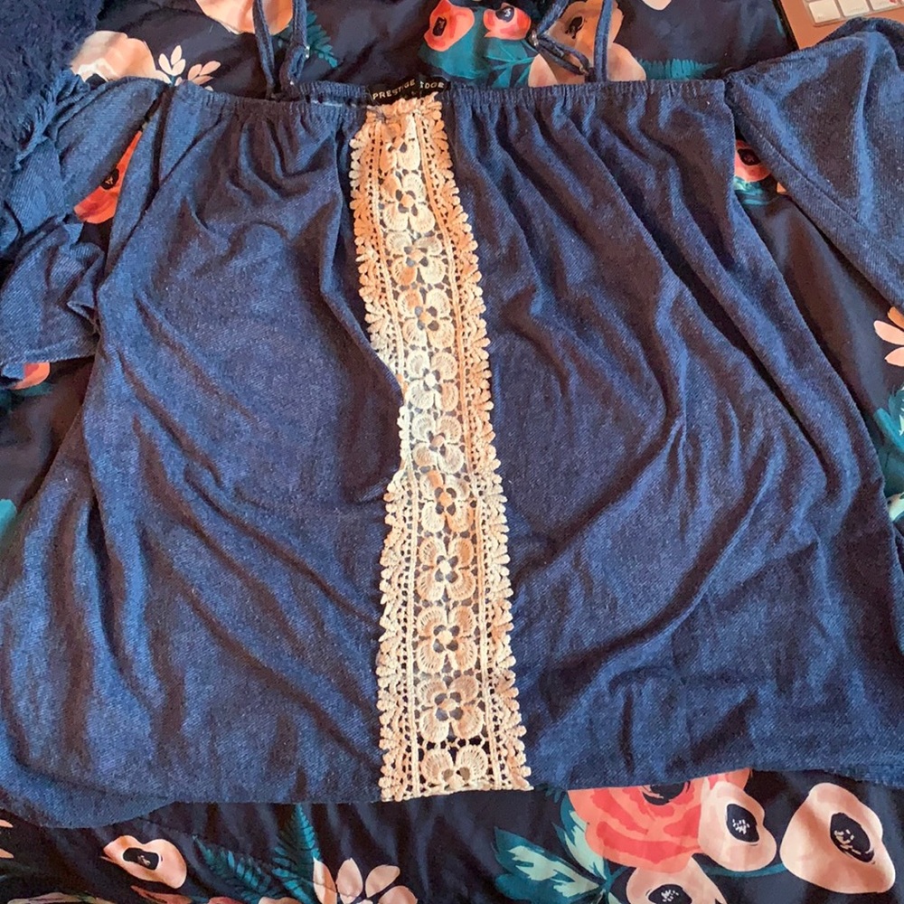 Navy blue and white off the shoulder blouse